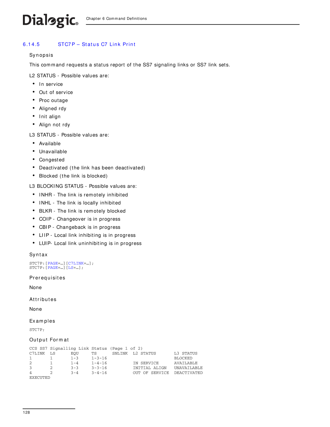 Dialogic SS7G2X manual 14.5 STC7P Status C7 Link Print 