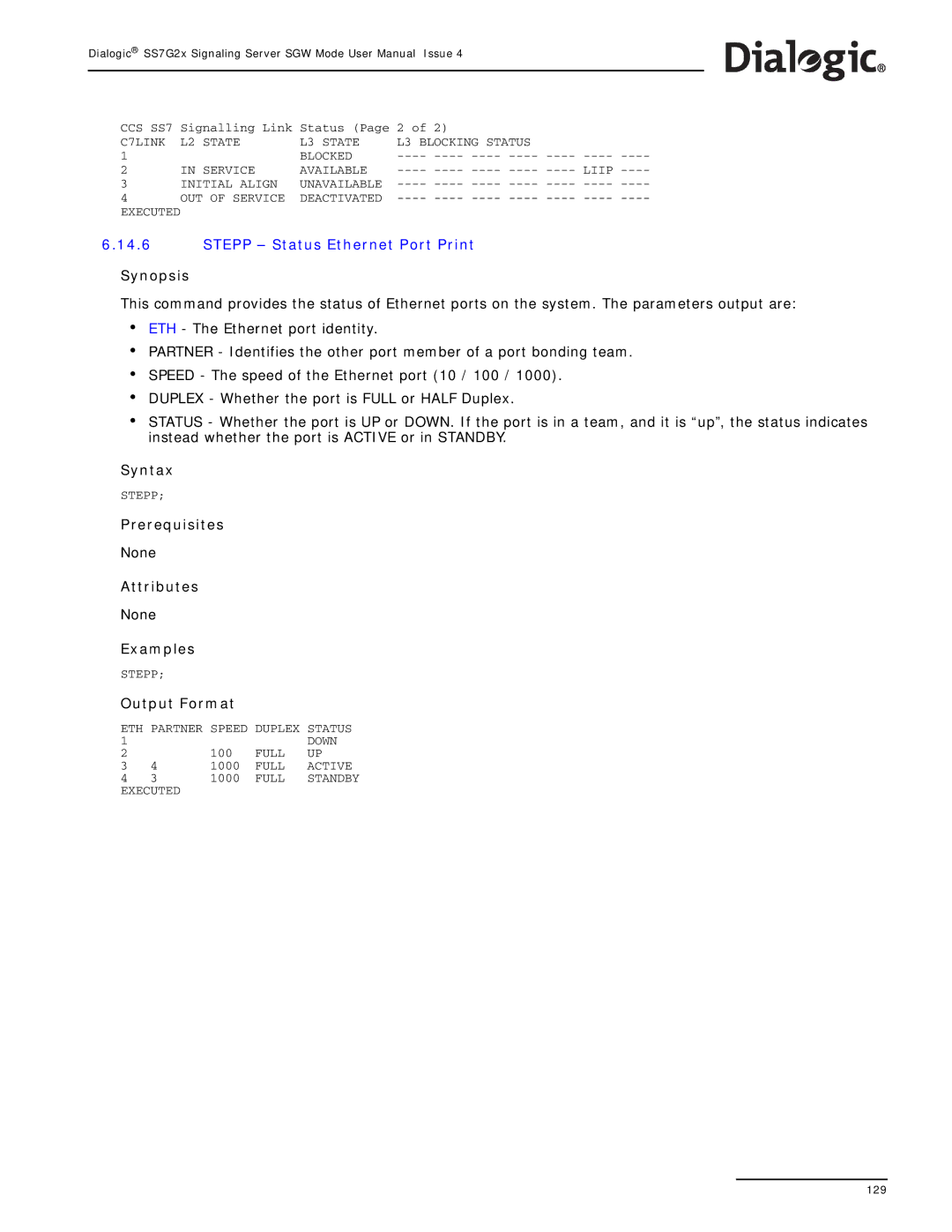 Dialogic SS7G2X manual Stepp Status Ethernet Port Print 