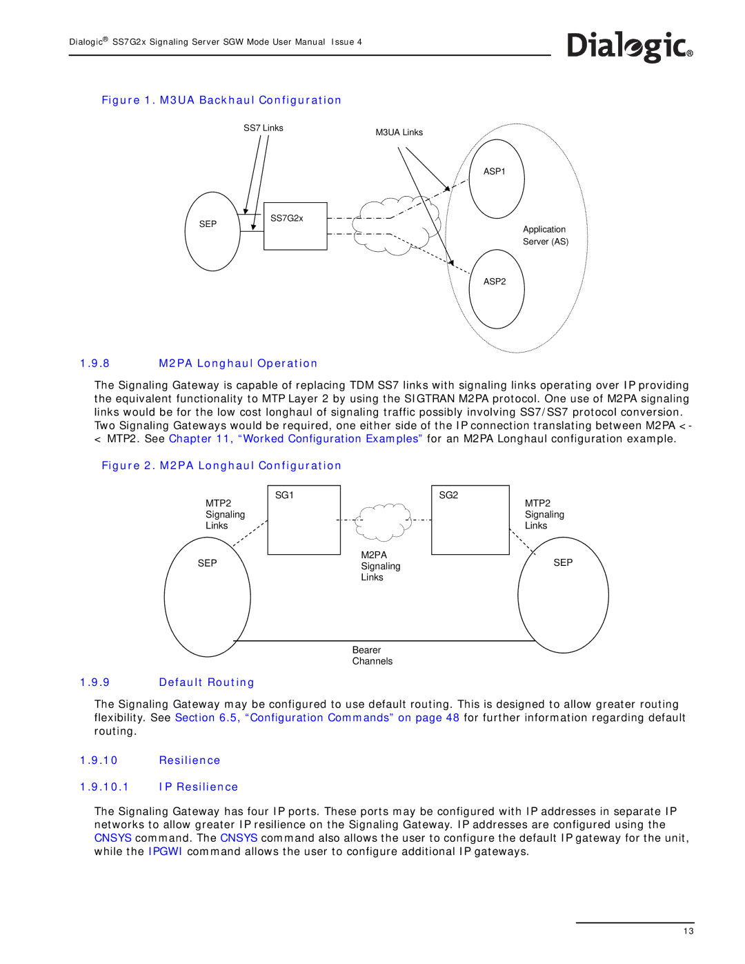 Dialogic SS7G2X manual 8 M2PA Longhaul Operation, Default Routing, Resilience IP Resilience 