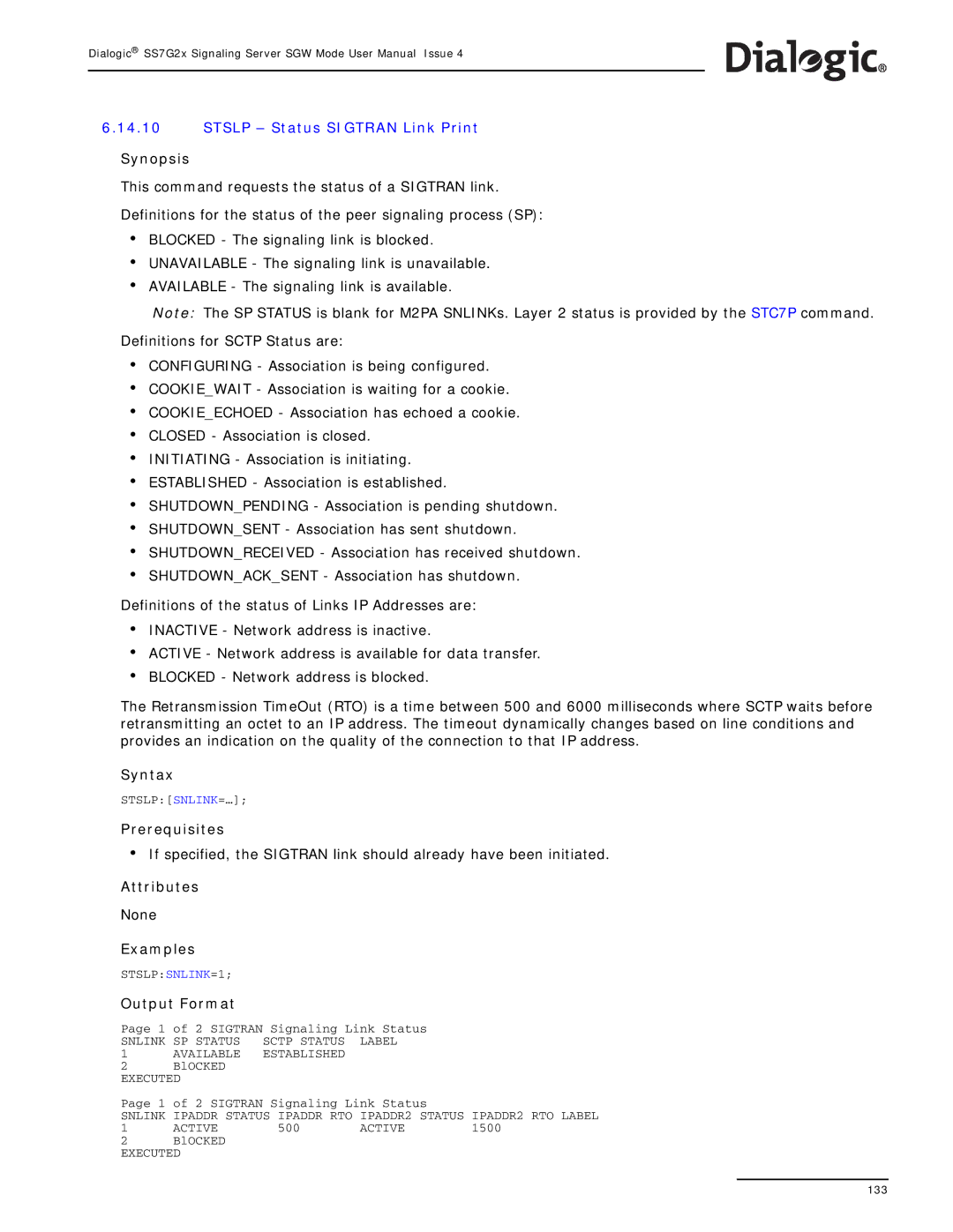 Dialogic SS7G2X manual Stslp Status Sigtran Link Print 