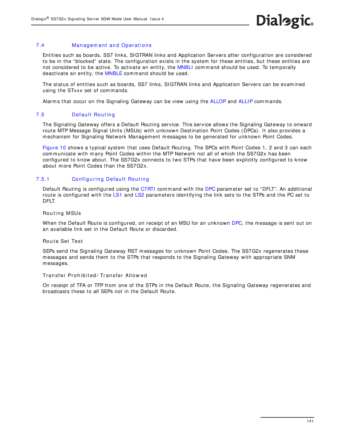 Dialogic SS7G2X manual Management and Operations, Configuring Default Routing, Routing MSUs, Route Set Test 