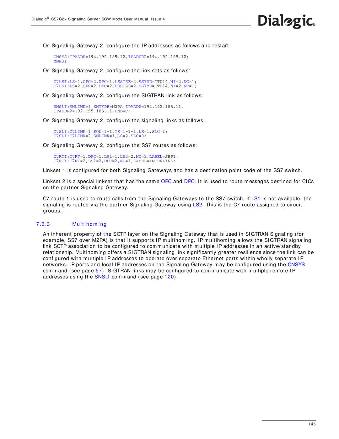 Dialogic SS7G2X manual On Signaling Gateway 2, configure the link sets as follows, Multihoming 