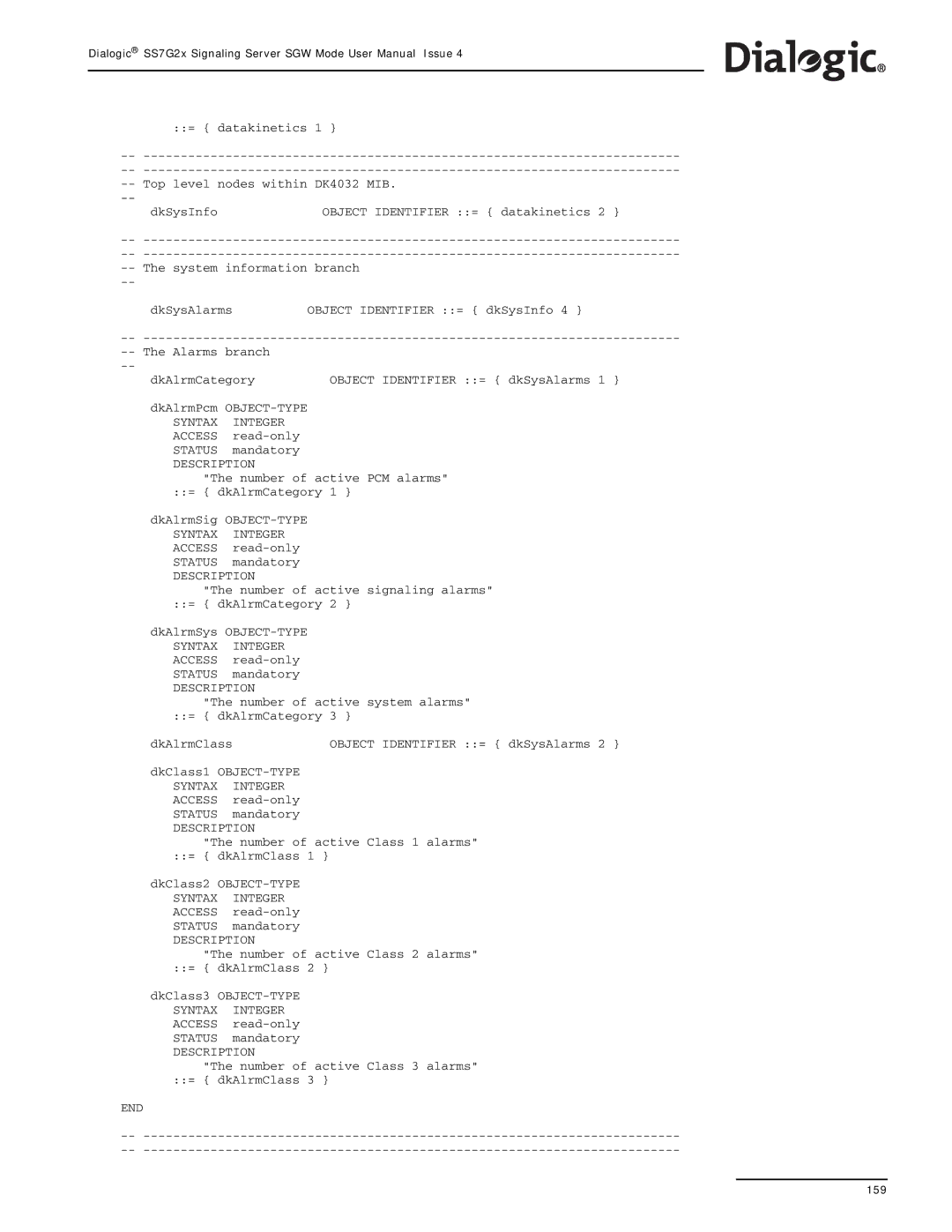 Dialogic SS7G2X manual = datakinetics Top level nodes within DK4032 MIB DkSysInfo 