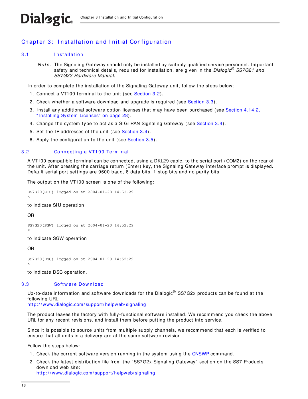 Dialogic SS7G2X manual Installation and Initial Configuration, Connecting a VT100 Terminal, Software Download 