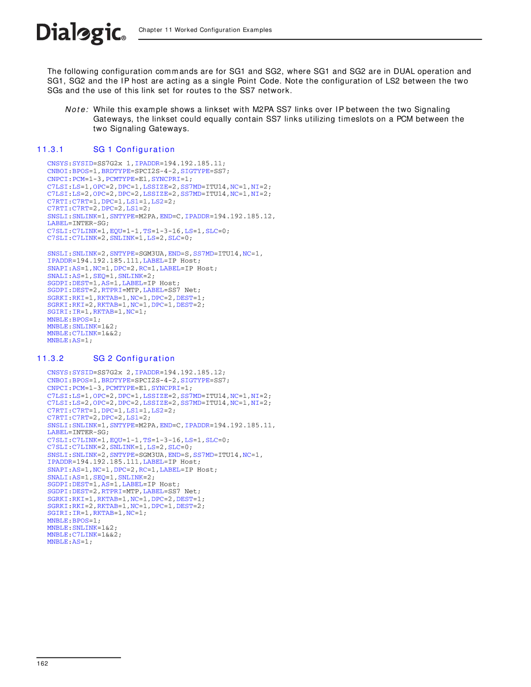 Dialogic SS7G2X manual 11.3.1 SG 1 Configuration, 11.3.2 SG 2 Configuration 