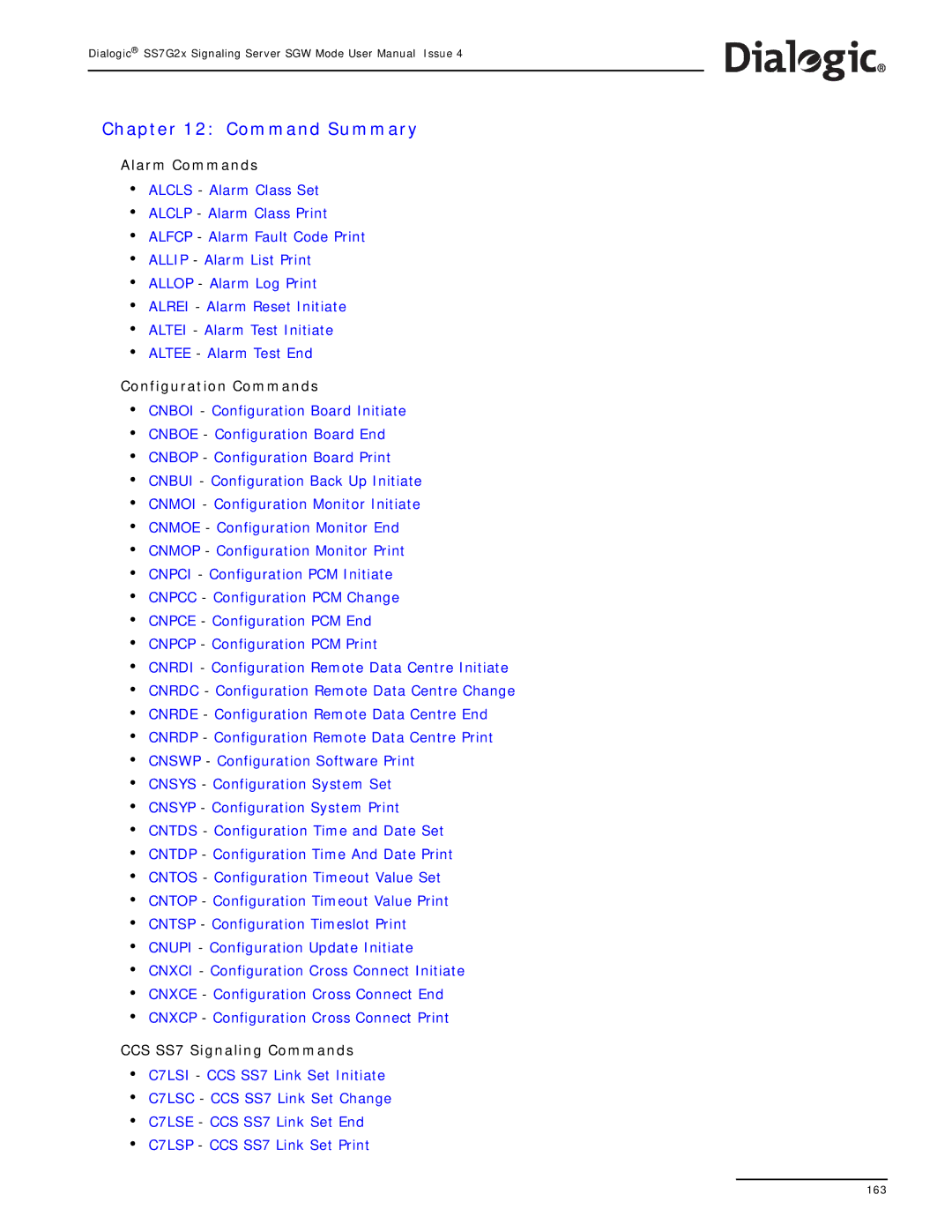 Dialogic SS7G2X manual Command Summary, Alarm Commands, Configuration Commands, CCS SS7 Signaling Commands 