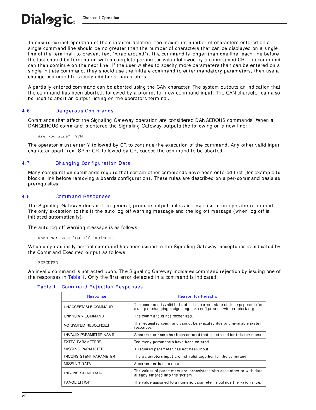 Dialogic SS7G2X manual Changing Configuration Data, Command Responses, Command Rejection Responses 