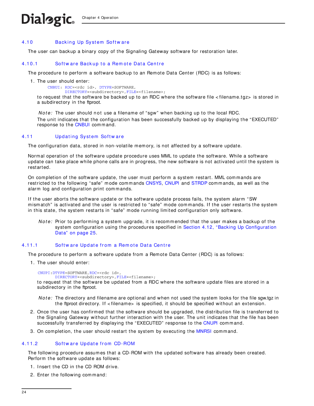 Dialogic SS7G2X manual Backing Up System Software, Software Backup to a Remote Data Centre, Updating System Software 