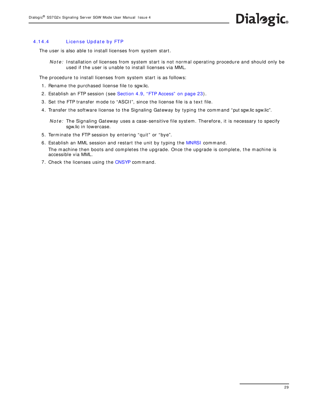 Dialogic SS7G2X manual License Update by FTP 