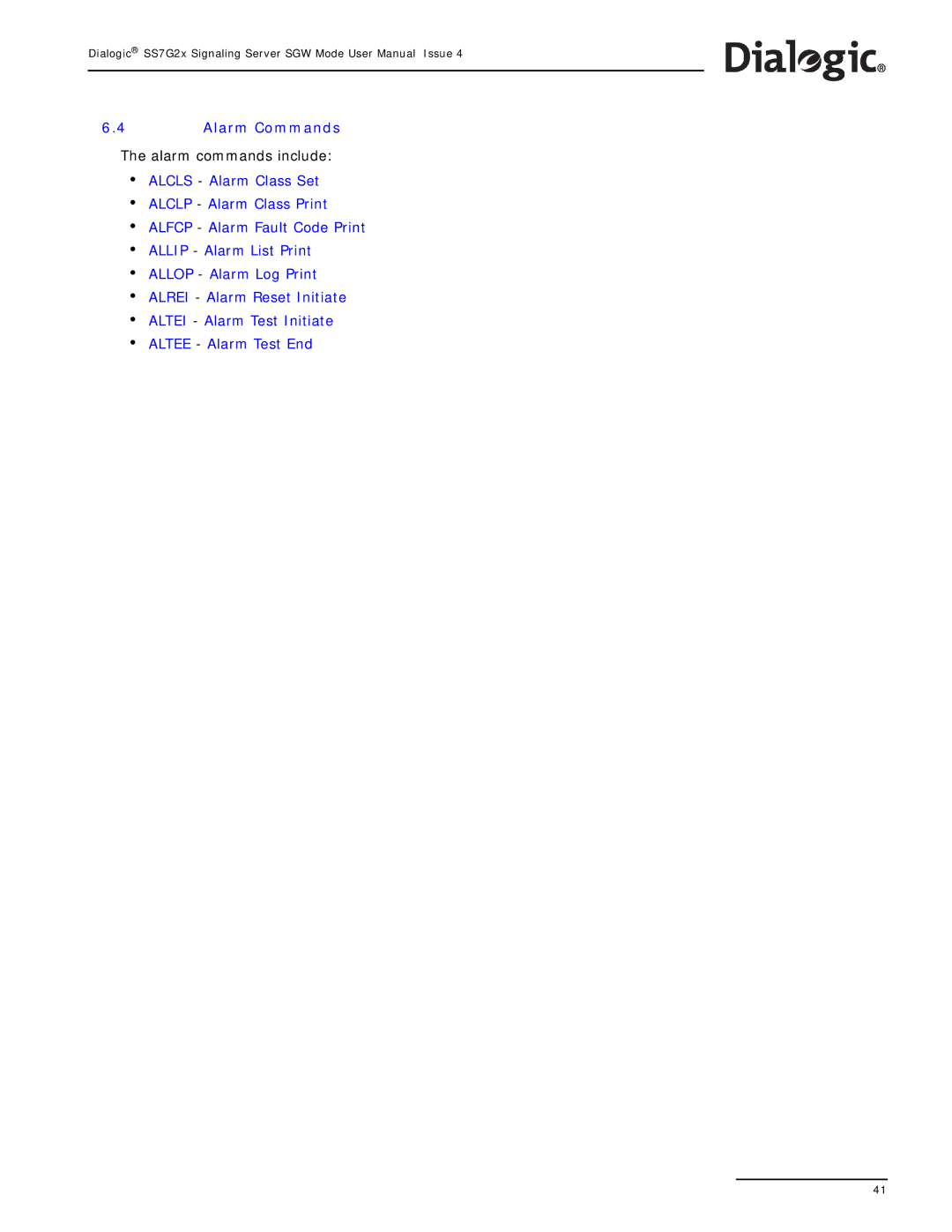 Dialogic SS7G2X manual Alarm Commands 