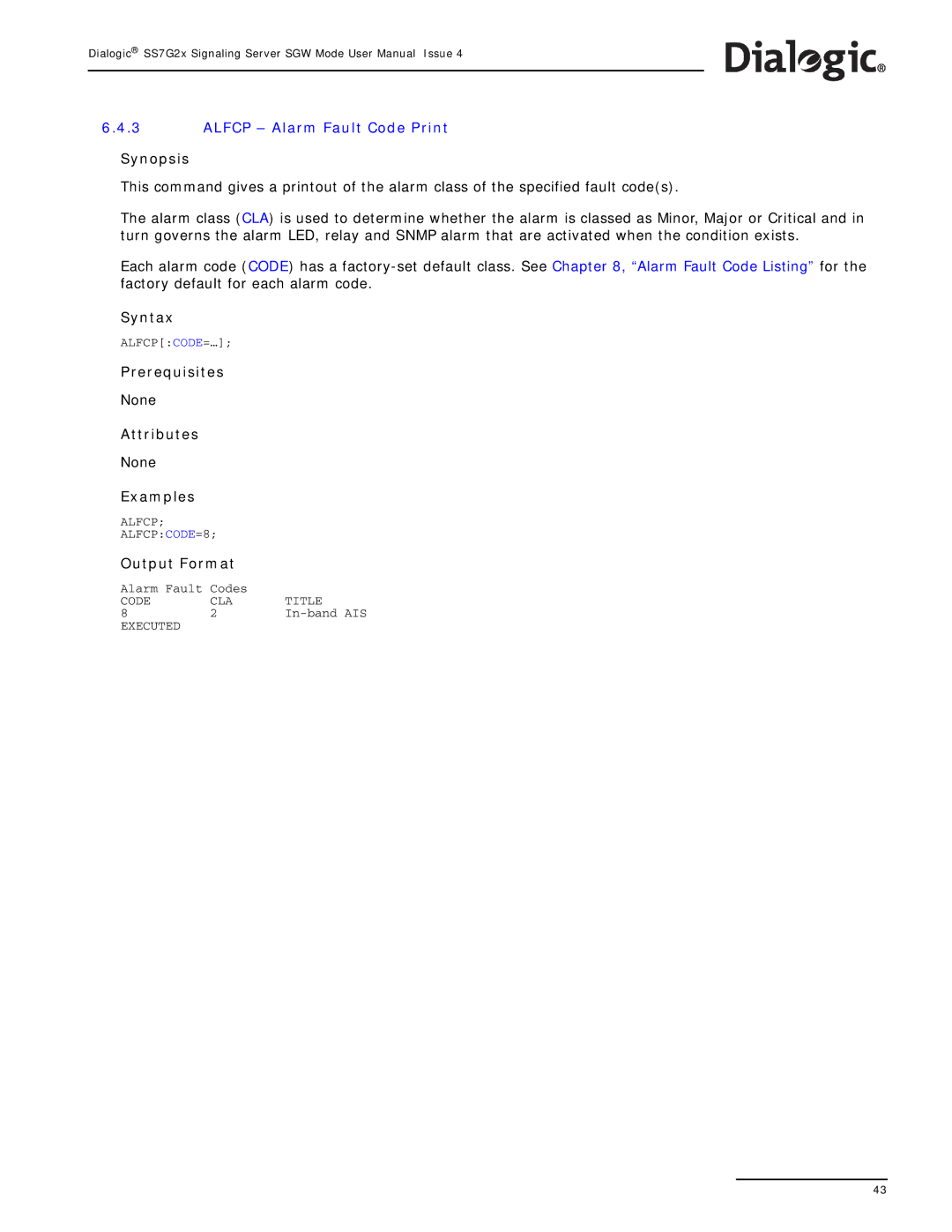 Dialogic SS7G2X manual Alfcp Alarm Fault Code Print 