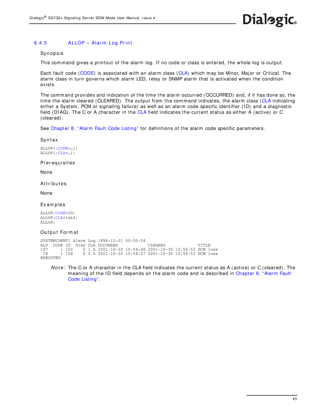 Dialogic SS7G2X manual Allop Alarm Log Print, Diag CLA Occurred Cleared Title 