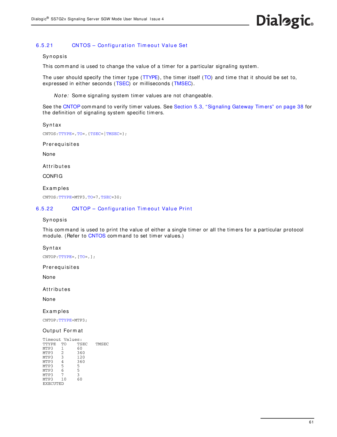 Dialogic SS7G2X manual Cntos Configuration Timeout Value Set, Cntop Configuration Timeout Value Print 