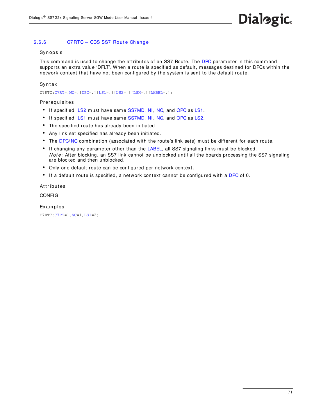 Dialogic SS7G2X manual 6 C7RTC CCS SS7 Route Change 