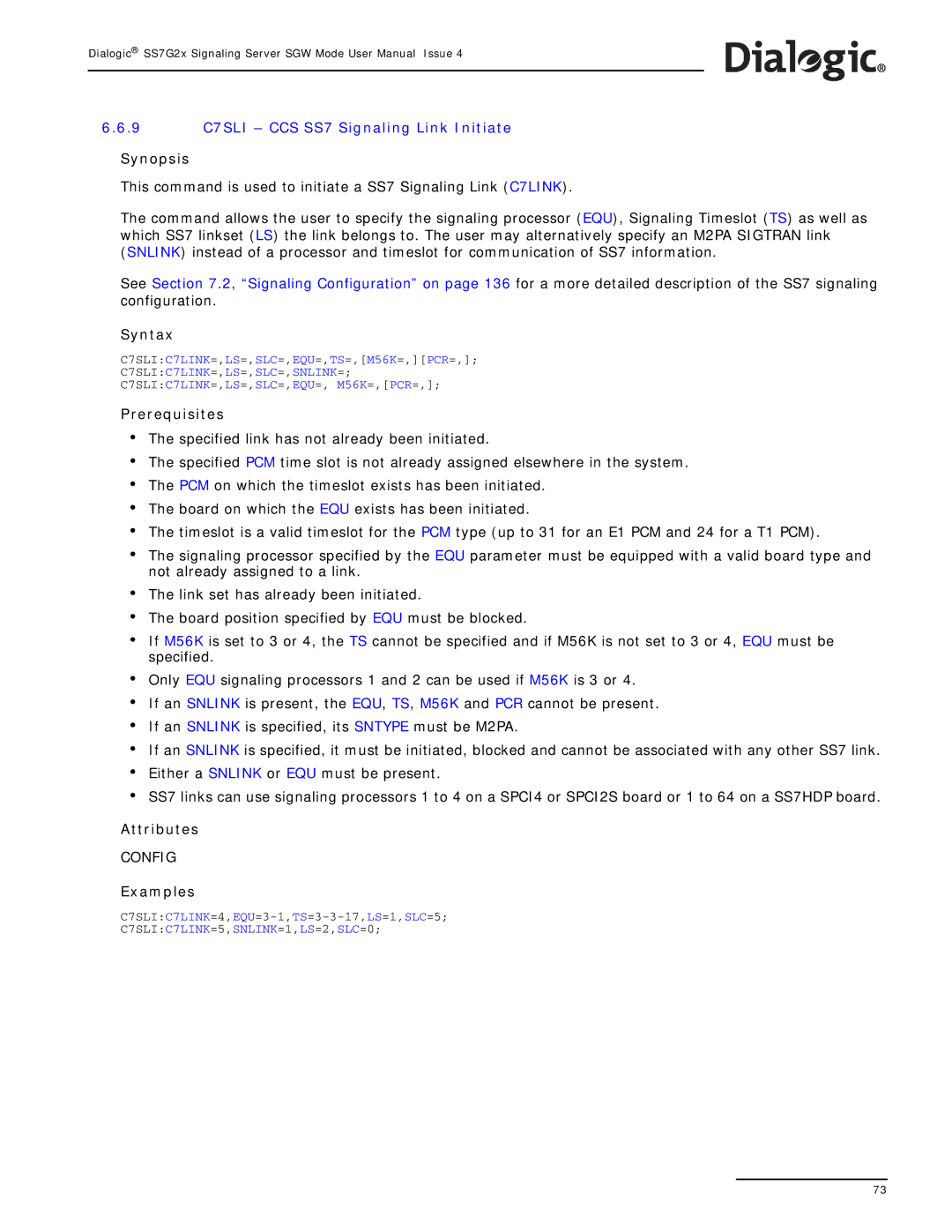 Dialogic SS7G2X manual 9 C7SLI CCS SS7 Signaling Link Initiate 