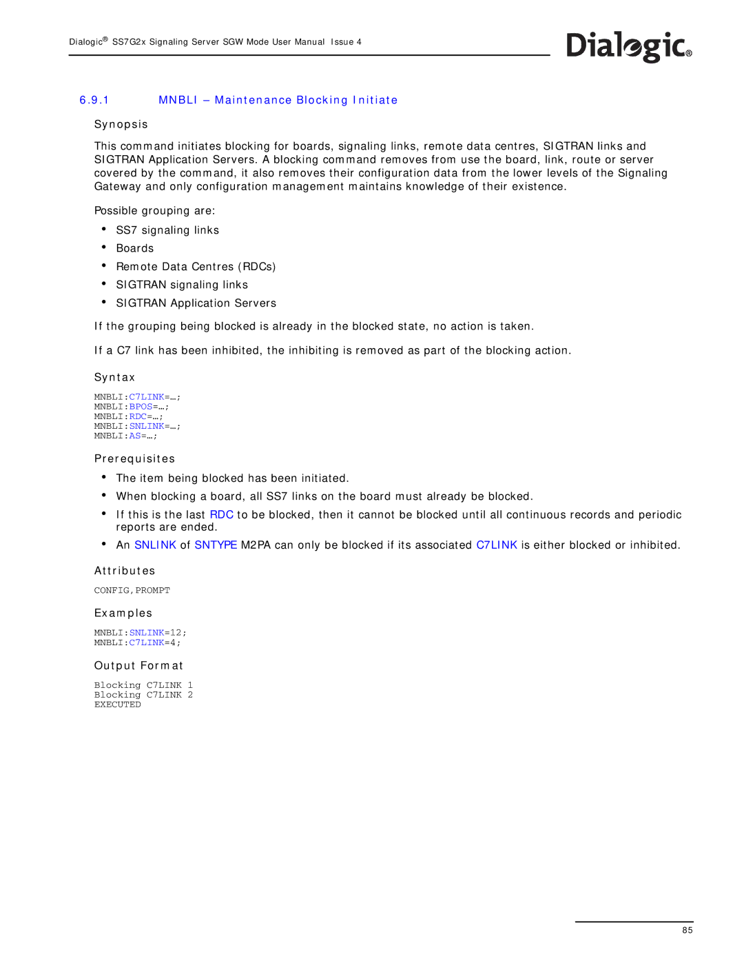 Dialogic SS7G2X manual Mnbli Maintenance Blocking Initiate 