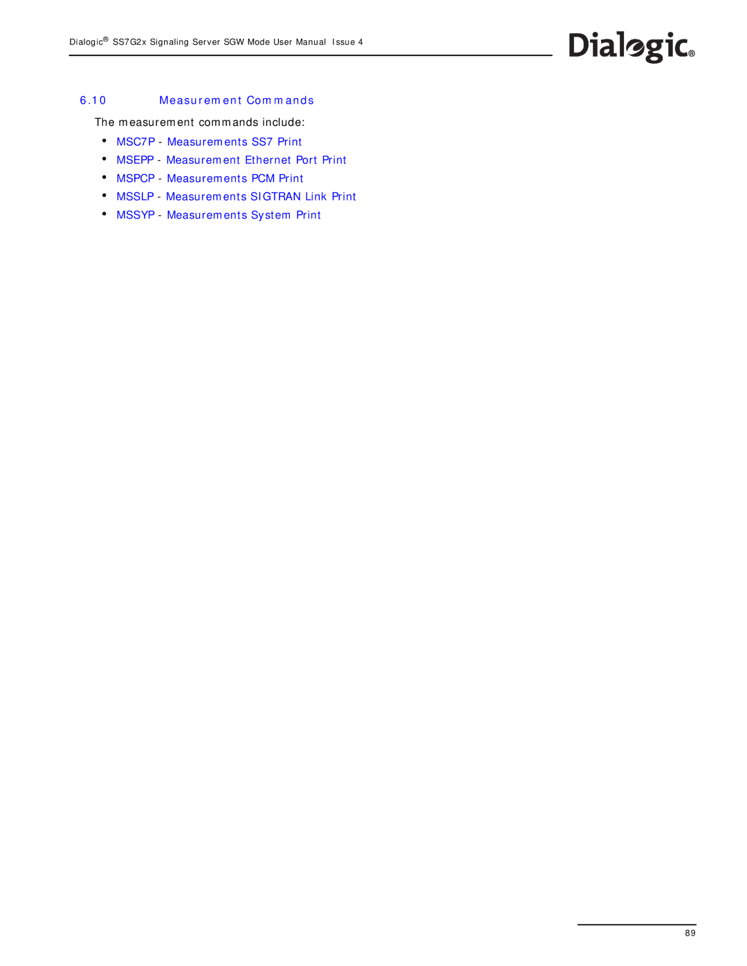 Dialogic SS7G2X manual Measurement Commands 