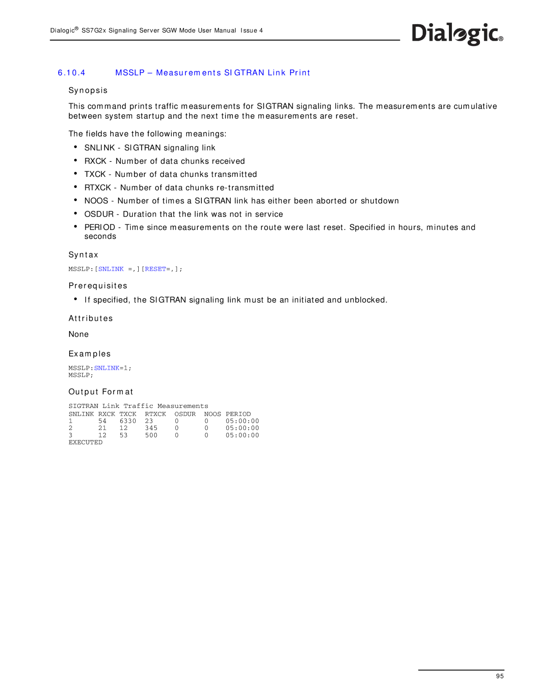 Dialogic SS7G2X manual Msslp Measurements Sigtran Link Print 