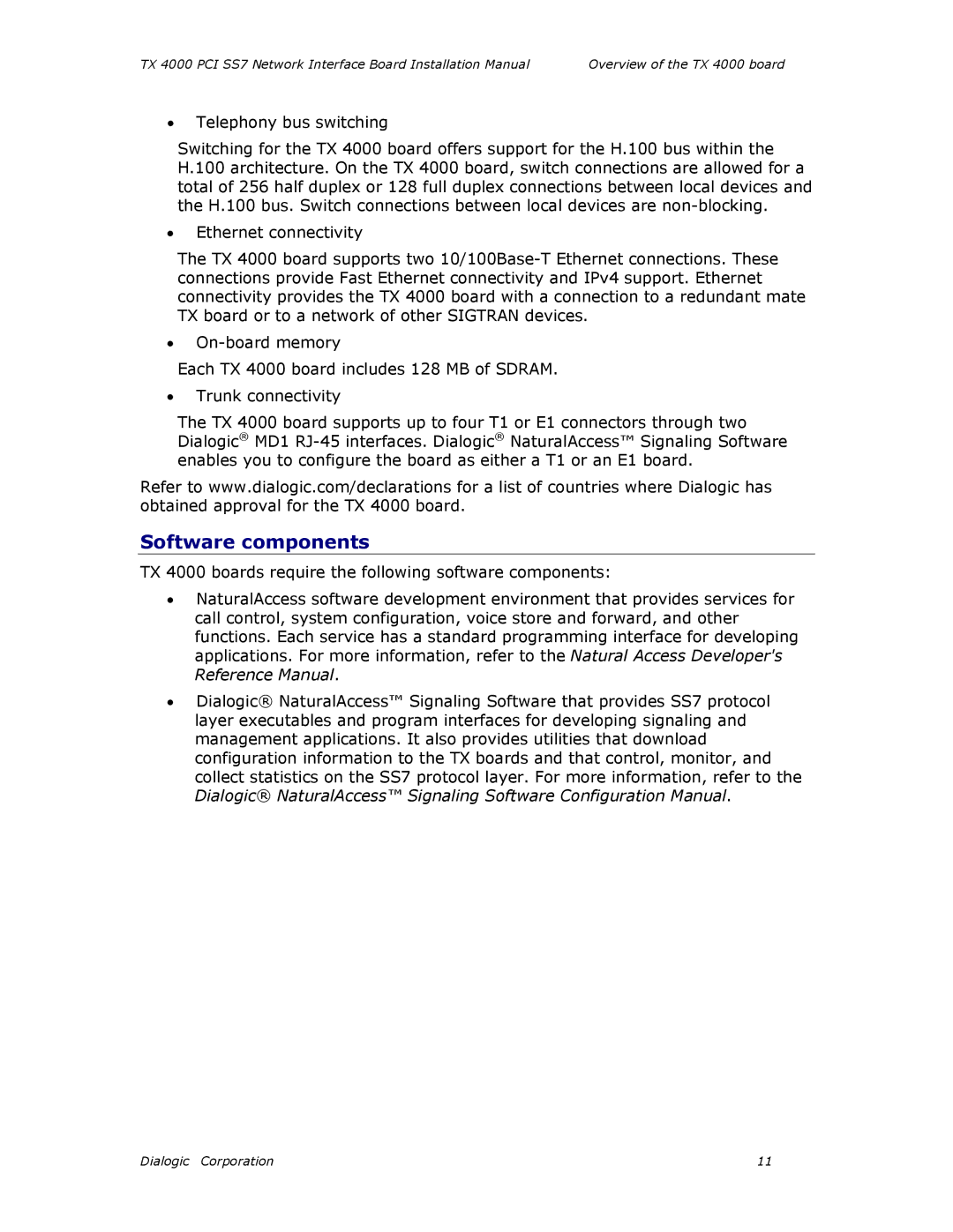 Dialogic TX4000 PCI SS7 installation manual Software components 