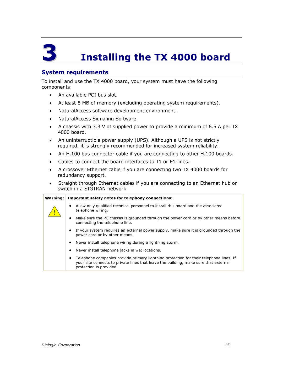 Dialogic TX4000 PCI SS7 installation manual Installing the TX 4000 board, System requirements 