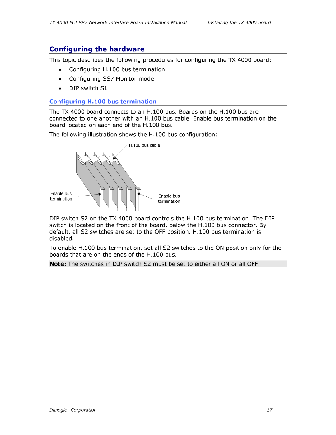 Dialogic TX4000 PCI SS7 installation manual Configuring the hardware, Configuring H.100 bus termination 