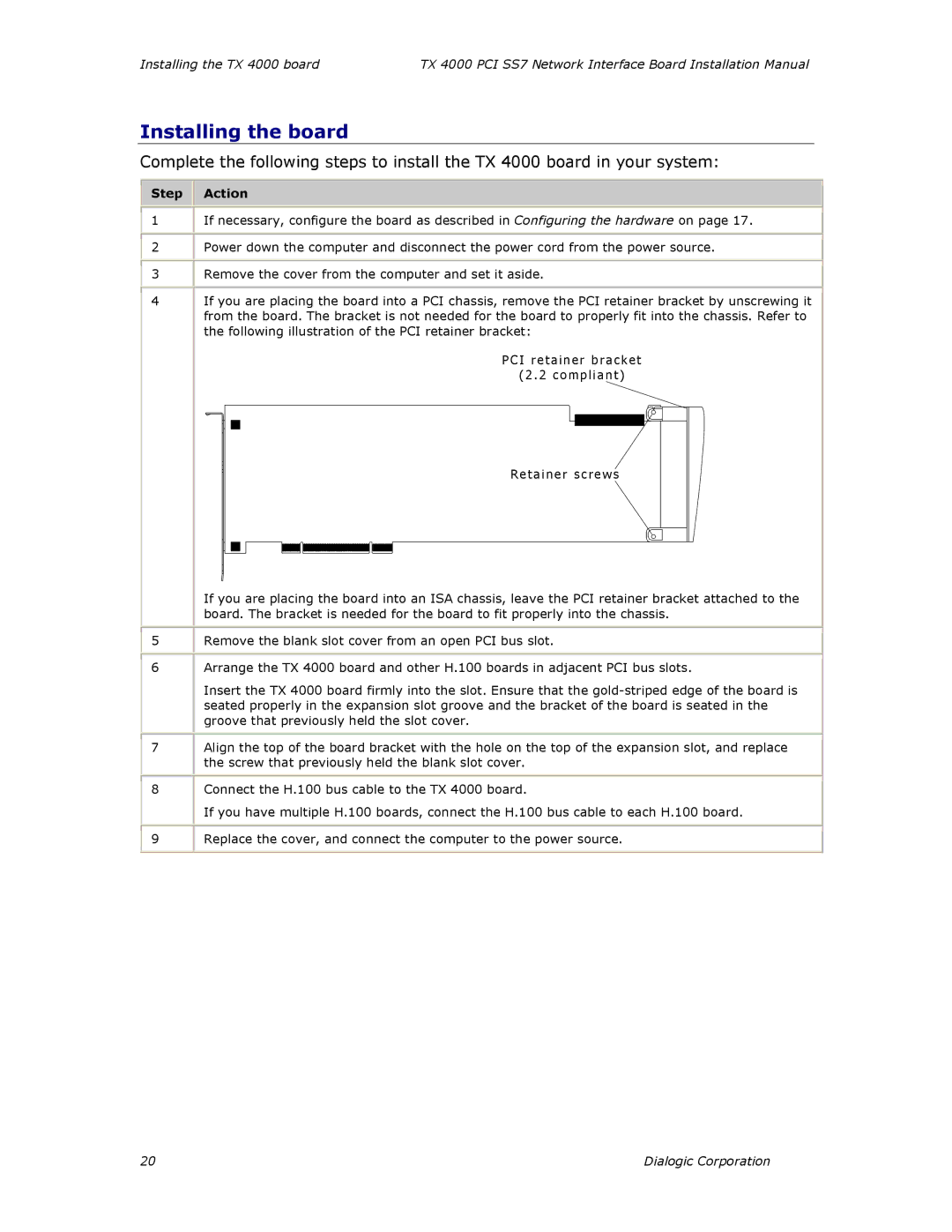 Dialogic TX4000 PCI SS7 installation manual Installing the board, Step Action 