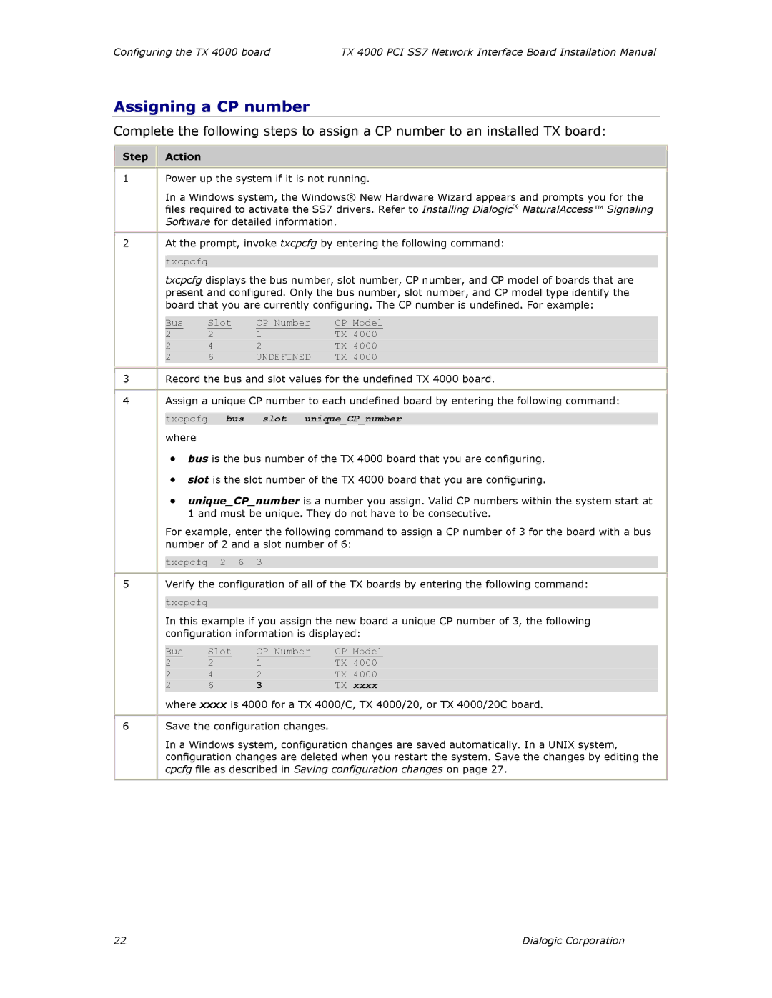 Dialogic TX4000 PCI SS7 installation manual Assigning a CP number, Txcpcfg 