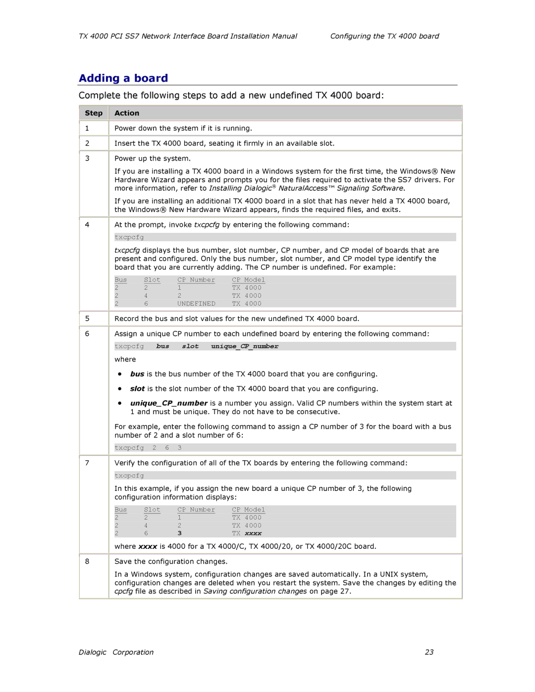 Dialogic TX4000 PCI SS7 installation manual Adding a board 