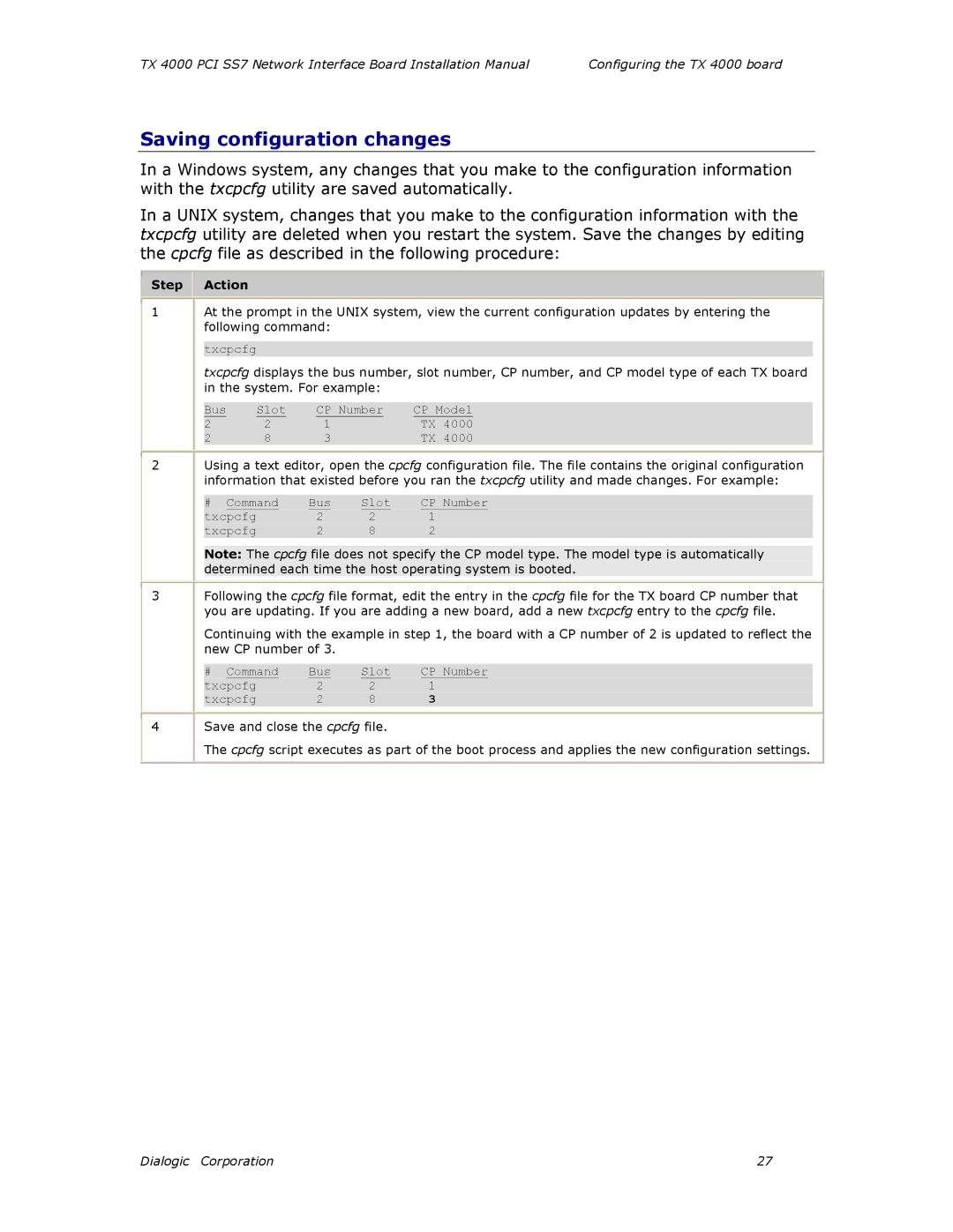 Dialogic TX4000 PCI SS7 installation manual Saving configuration changes, # Command Bus Slot CP Number Txcpcfg 