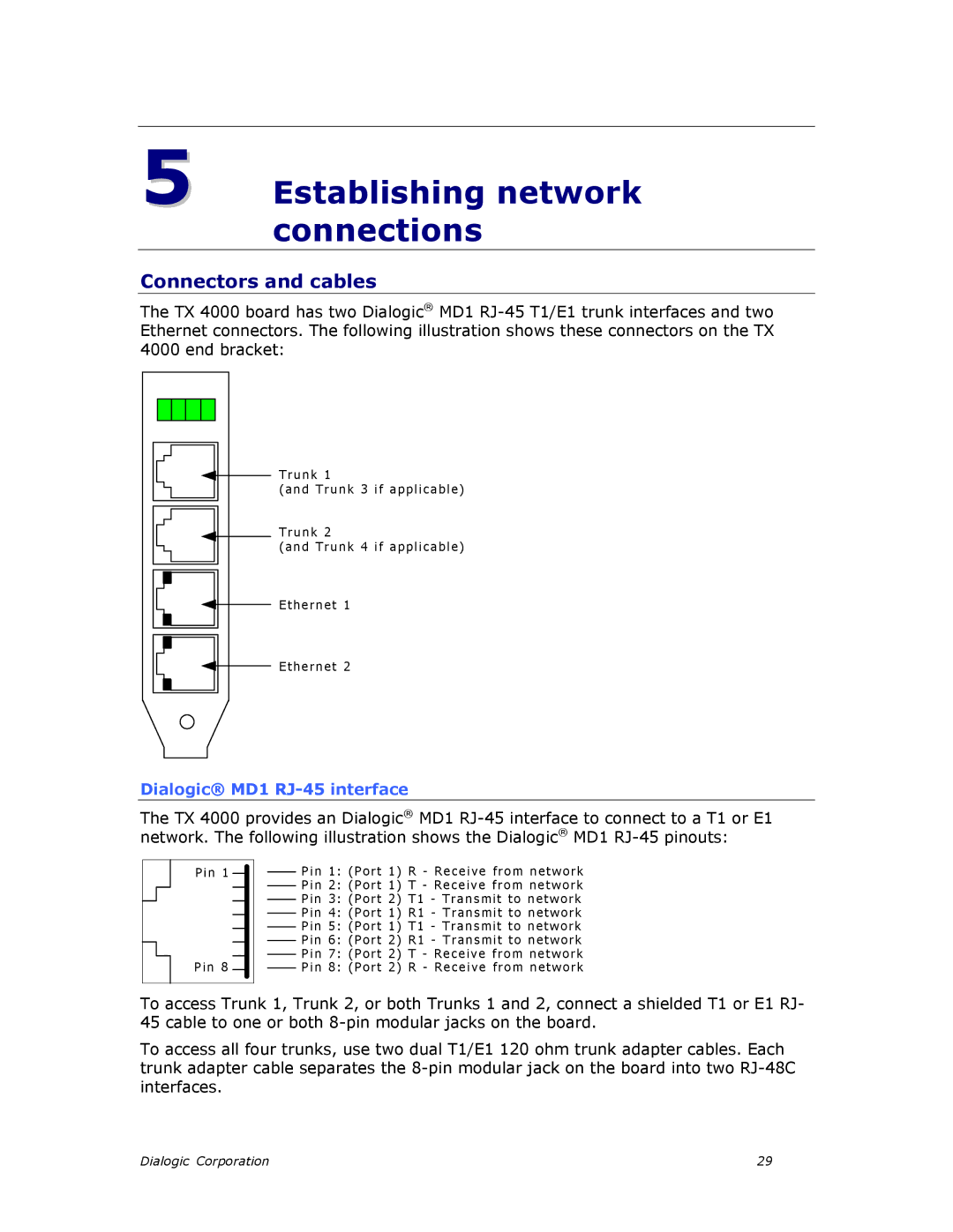 Dialogic TX4000 PCI SS7 Establishing network, Connections, Connectors and cables, Dialogic MD1 RJ-45 interface 