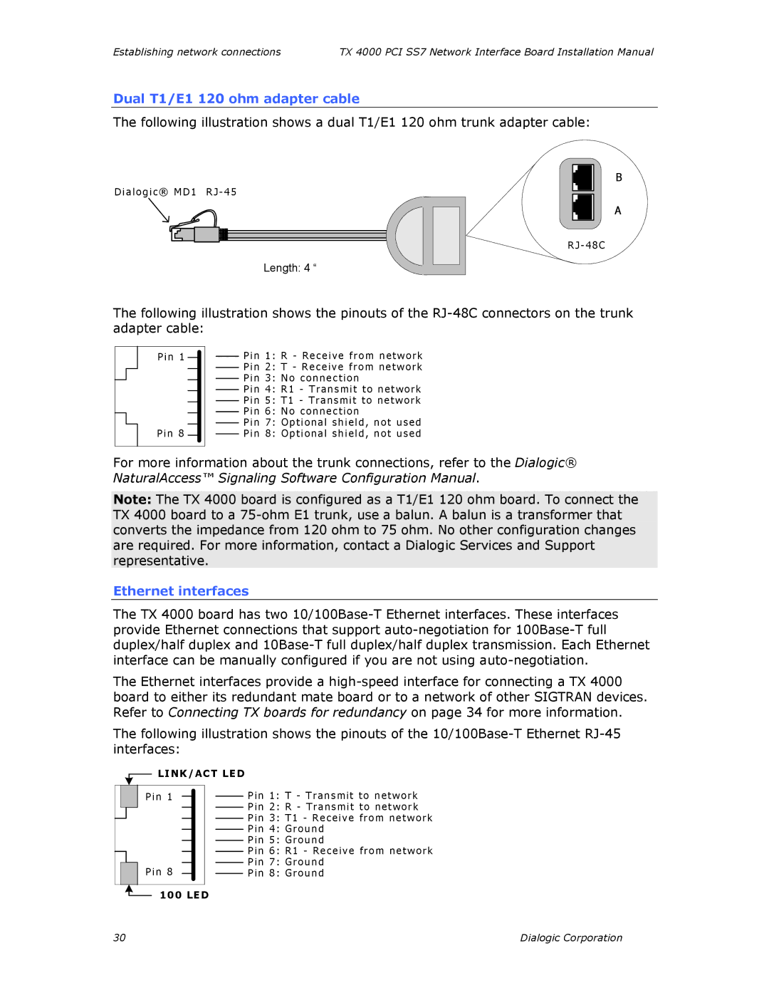 Dialogic TX4000 PCI SS7 installation manual Dual T1/E1 120 ohm adapter cable, Ethernet interfaces 