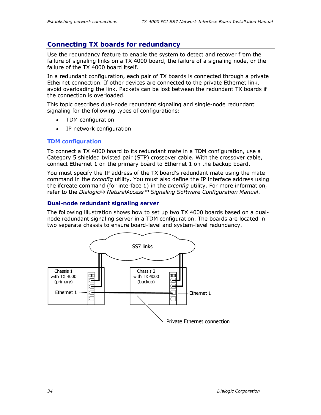 Dialogic TX4000 PCI SS7 installation manual Connecting TX boards for redundancy, TDM configuration 