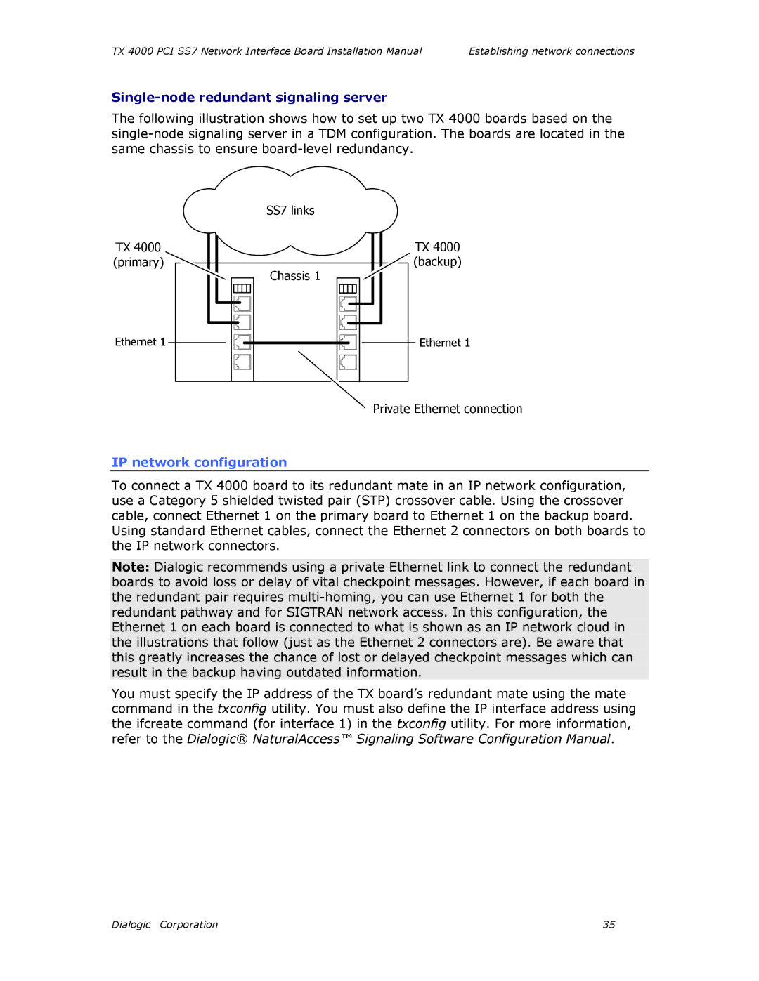 Dialogic TX4000 PCI SS7 installation manual Single-node redundant signaling server, IP network configuration 