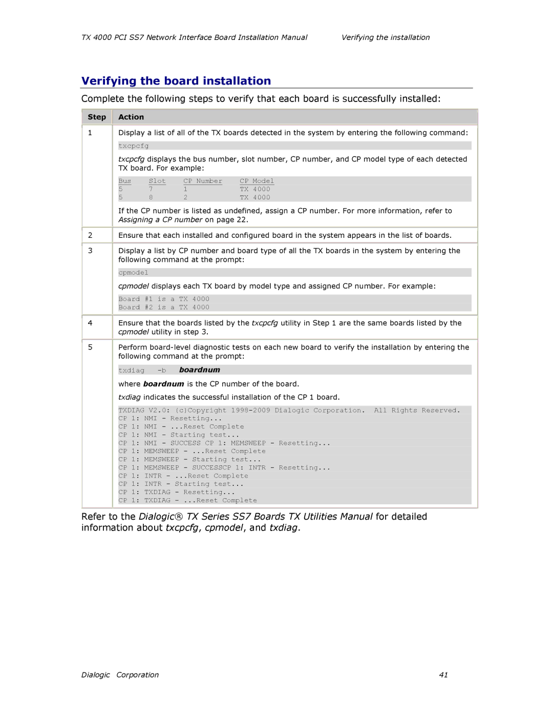 Dialogic TX4000 PCI SS7 installation manual Verifying the board installation, Step Action 