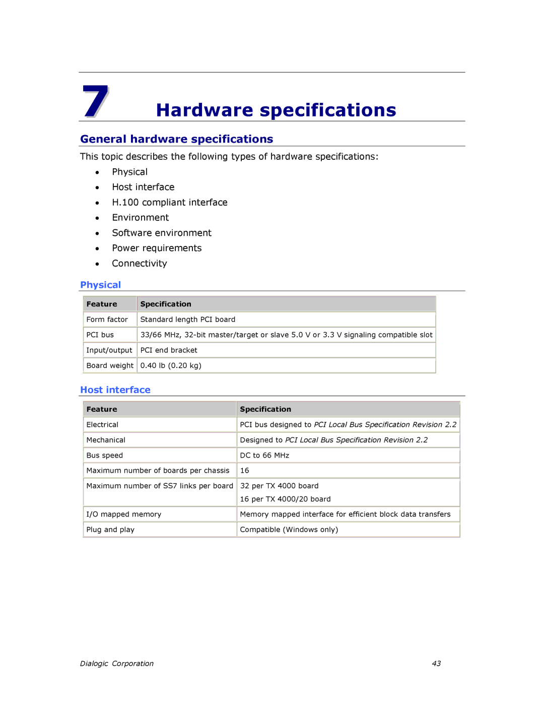 Dialogic TX4000 PCI SS7 Hardware specifications, General hardware specifications, Physical, Host interface 