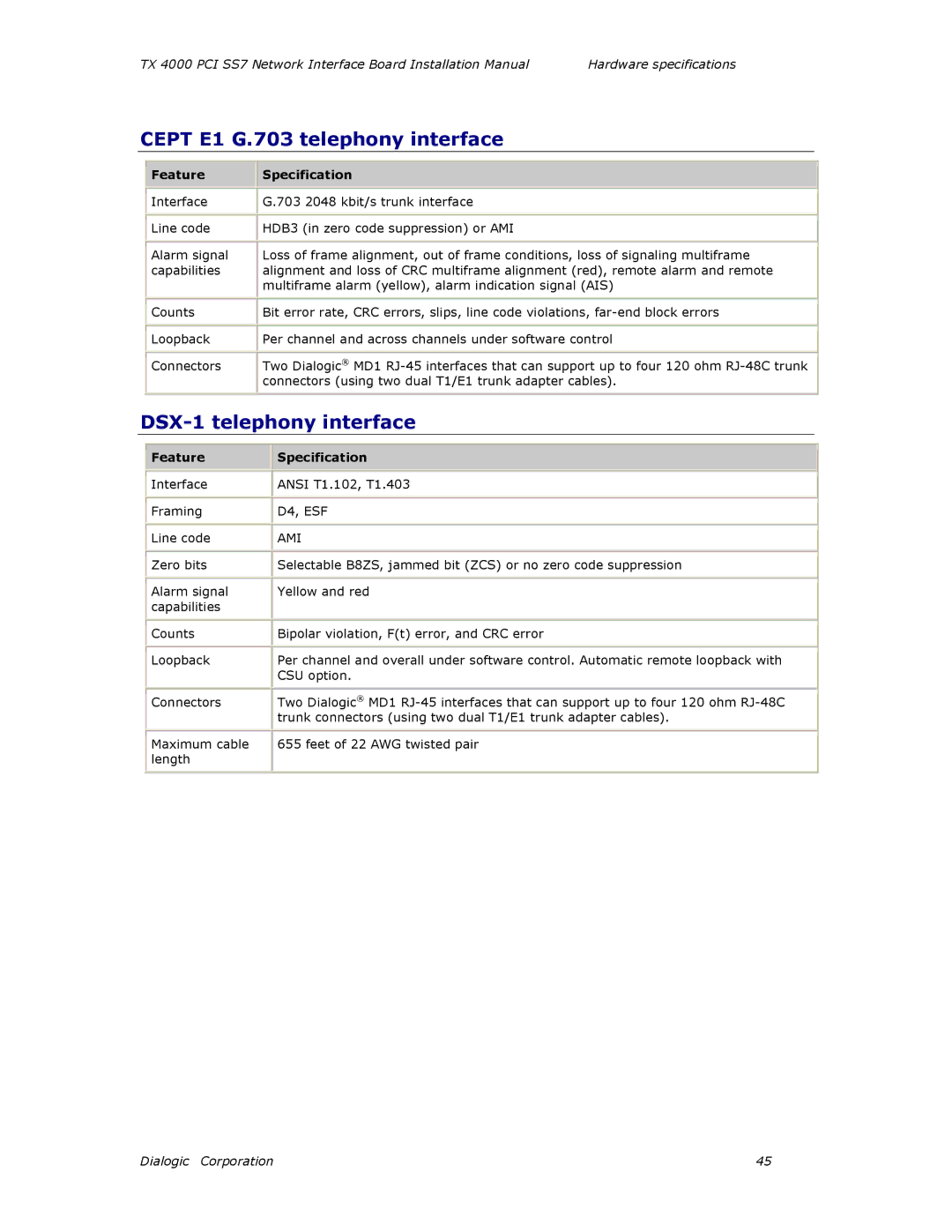 Dialogic TX4000 PCI SS7 installation manual Cept E1 G.703 telephony interface, DSX-1 telephony interface 