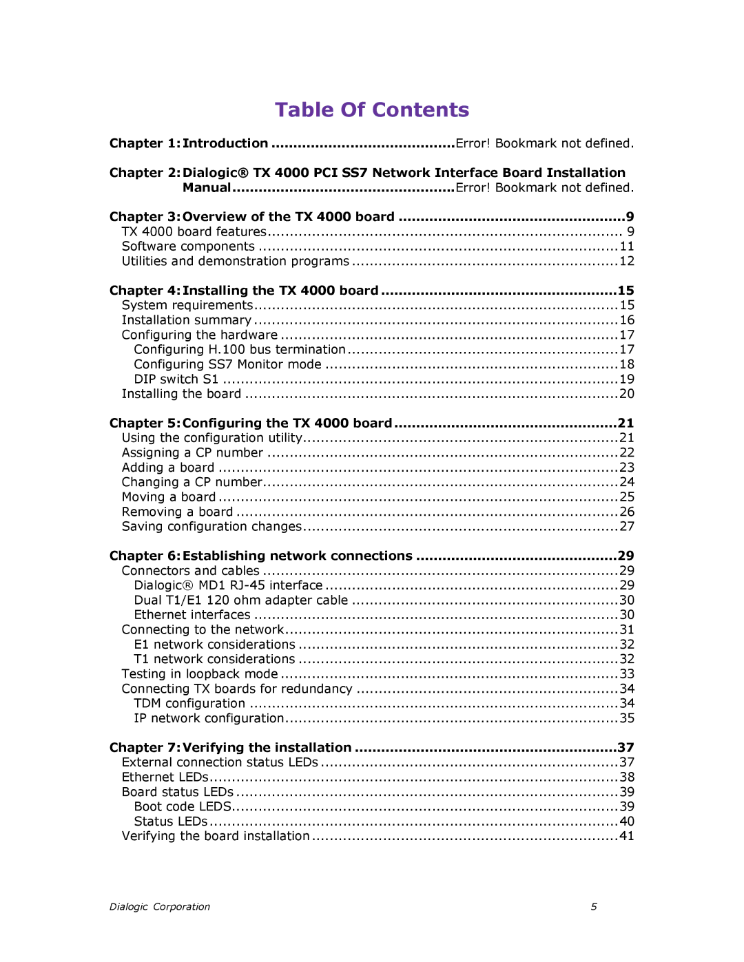 Dialogic TX4000 PCI SS7 installation manual Table Of Contents 