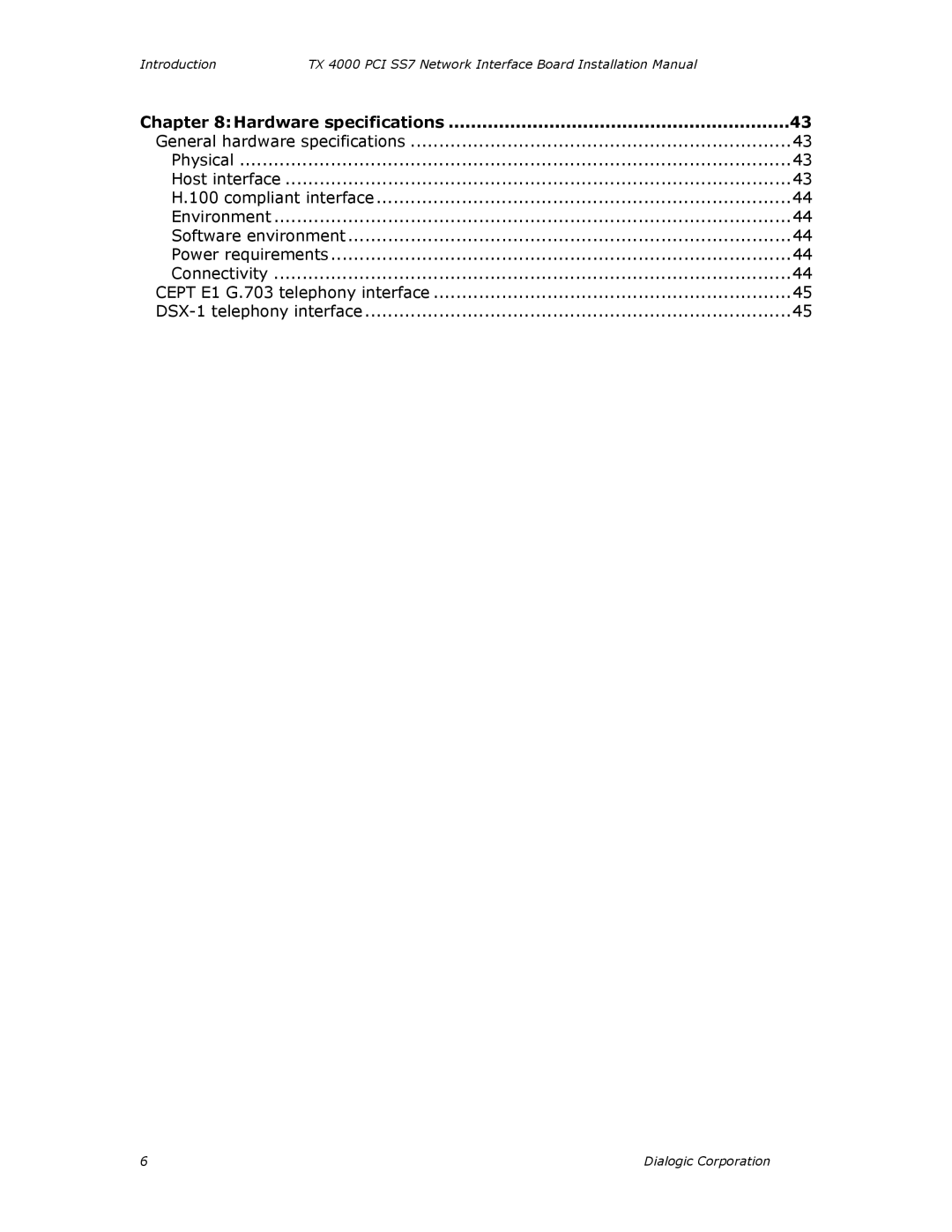 Dialogic TX4000 PCI SS7 installation manual Hardware specifications 