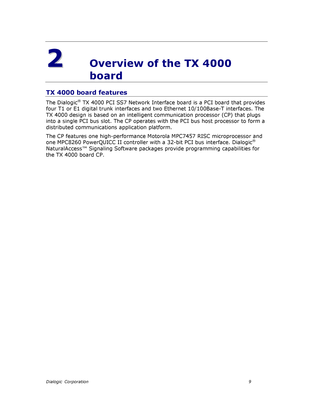 Dialogic TX4000 PCI SS7 installation manual Overview of the TX, Board, TX 4000 board features 