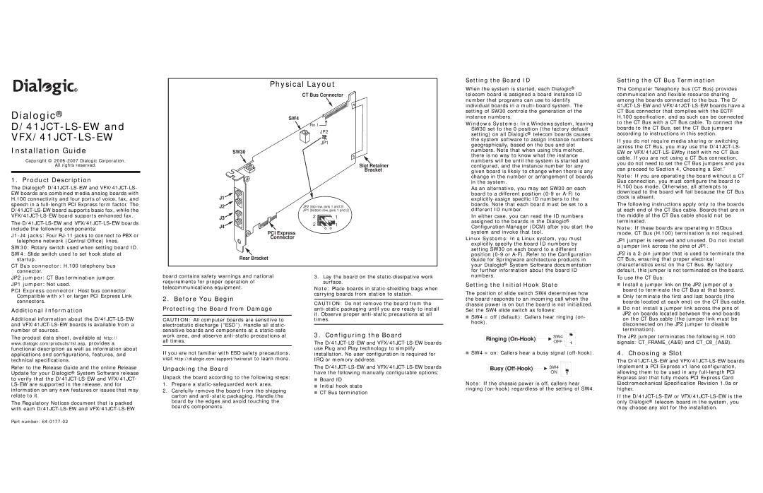 Dialogic D/41JCT-LS-EW technical specifications Product Description, Before You Begin, Configuring the Board 