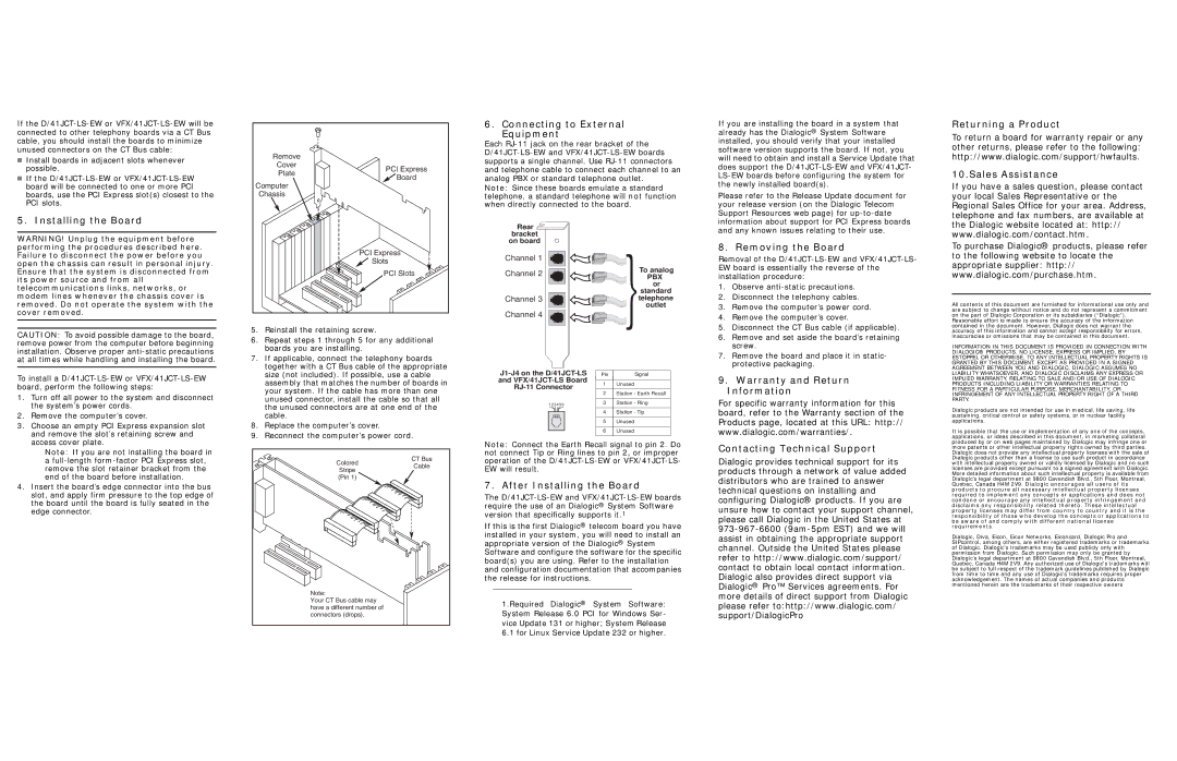 Dialogic VFX/41JCT-LS-EW Installing the Board, Connecting to External Equipment, Warranty and Return Information 