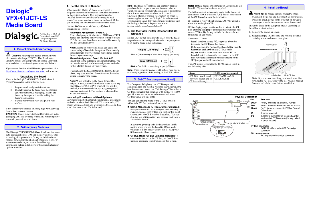 Dialogic VFX/41JCT-LS manual Protect Boards from Damage, Set CT Bus Jumpers optional, Install the Board 