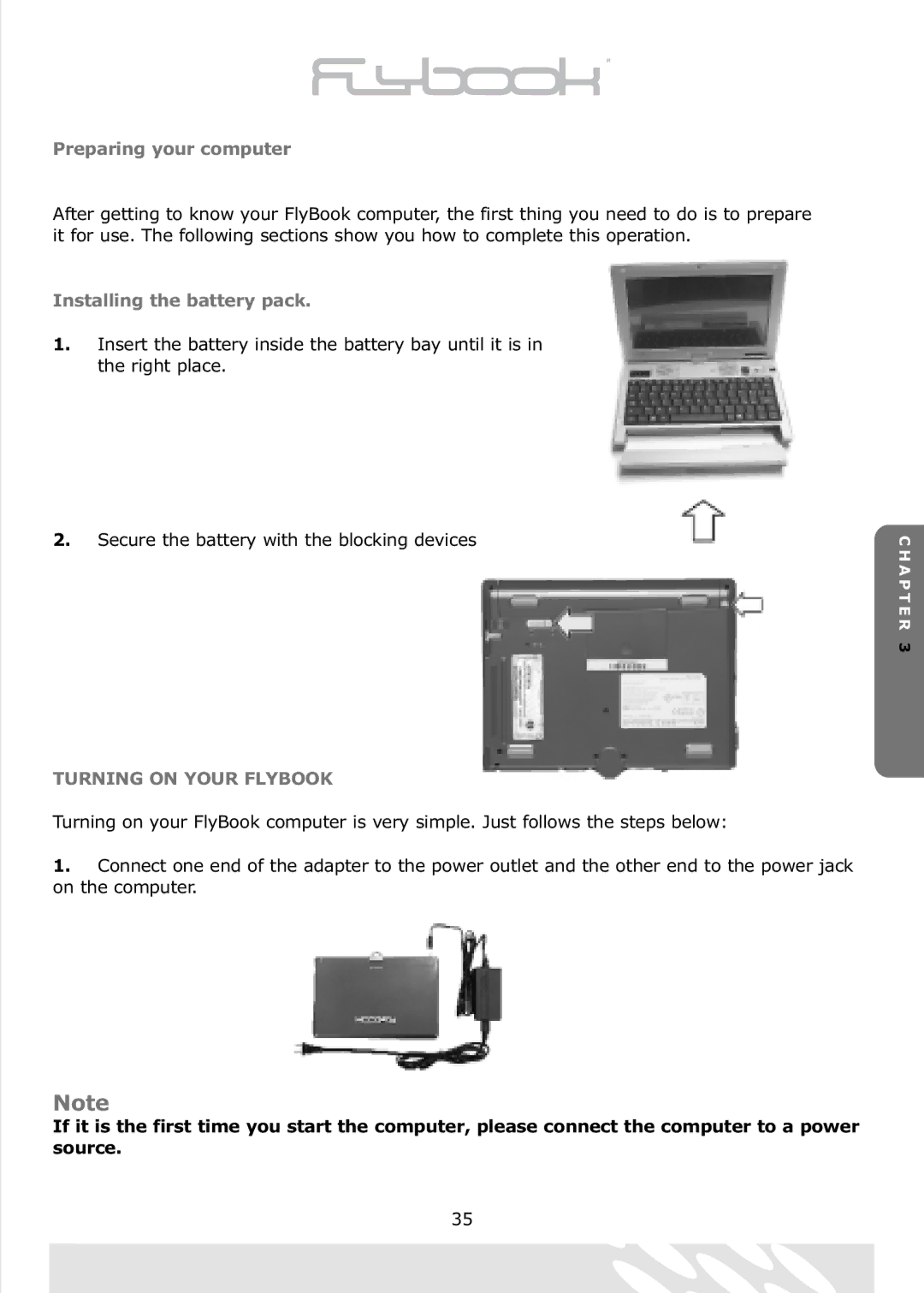 Dialogue Tech Flybook 3G Notebook PC Preparing your computer, Installing the battery pack, Turning on Your Flybook 