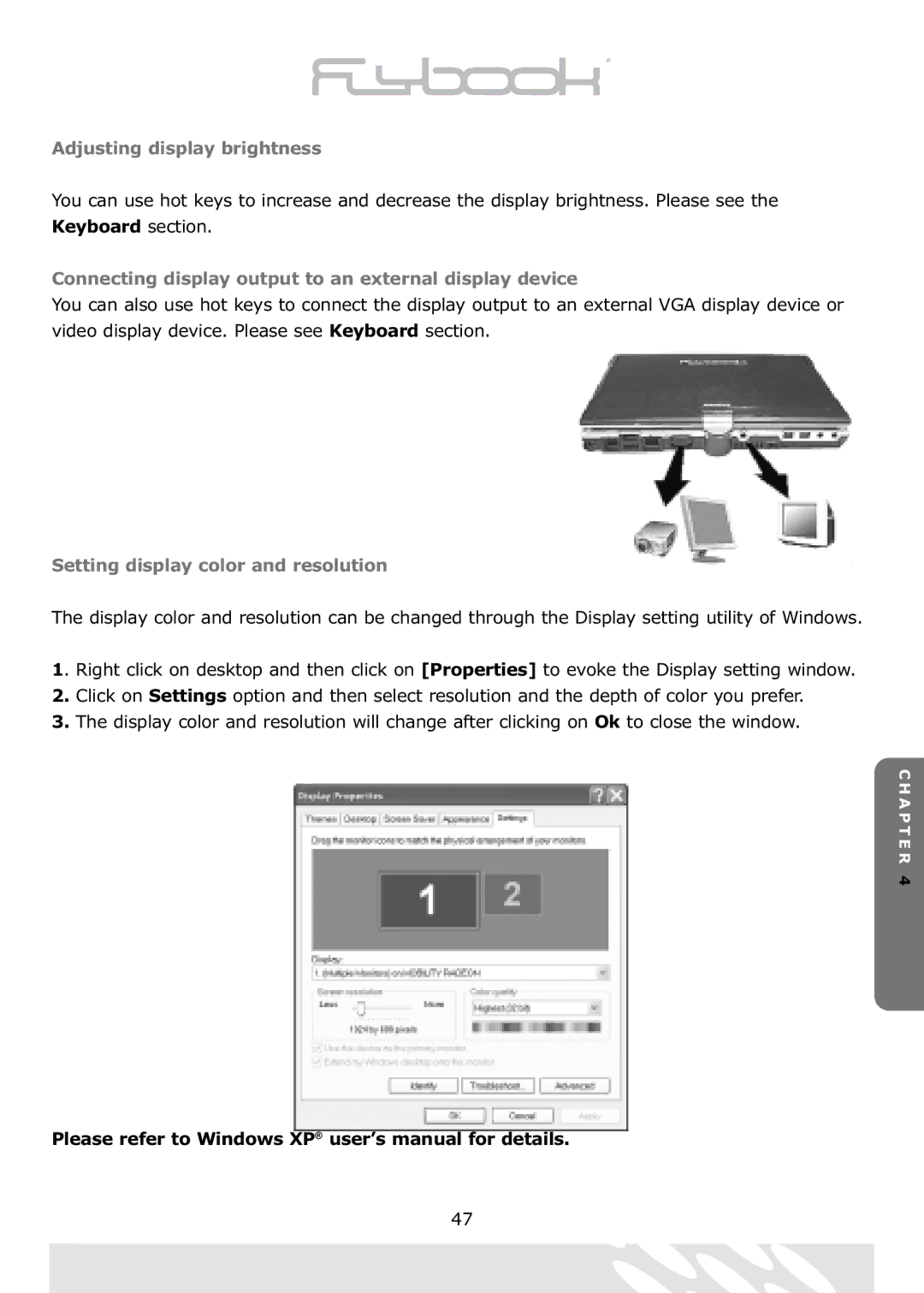 Dialogue Tech Flybook 3G Notebook PC Adjusting display brightness, Connecting display output to an external display device 