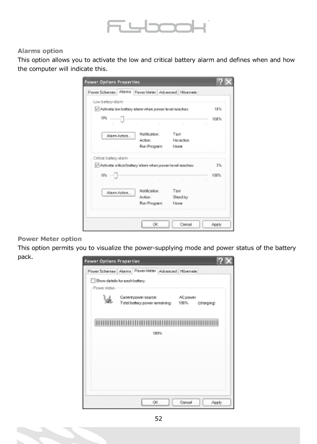 Dialogue Tech Flybook 3G Notebook PC user manual Alarms option, Power Meter option 