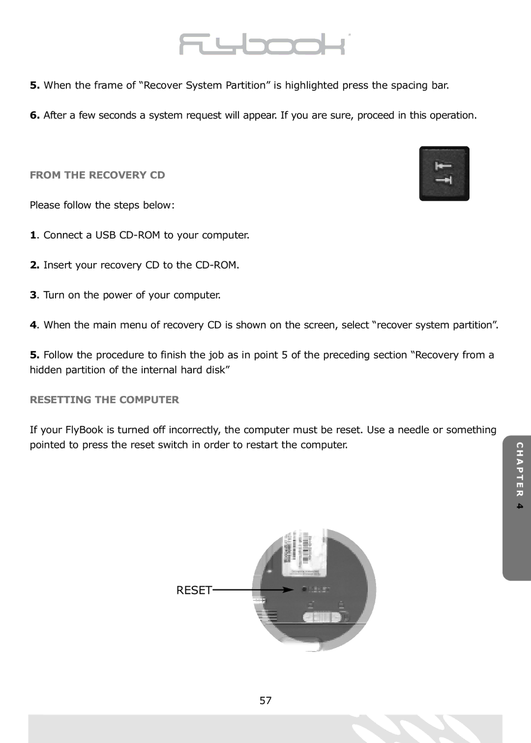 Dialogue Tech Flybook 3G Notebook PC user manual From the Recovery CD, Resetting the Computer 