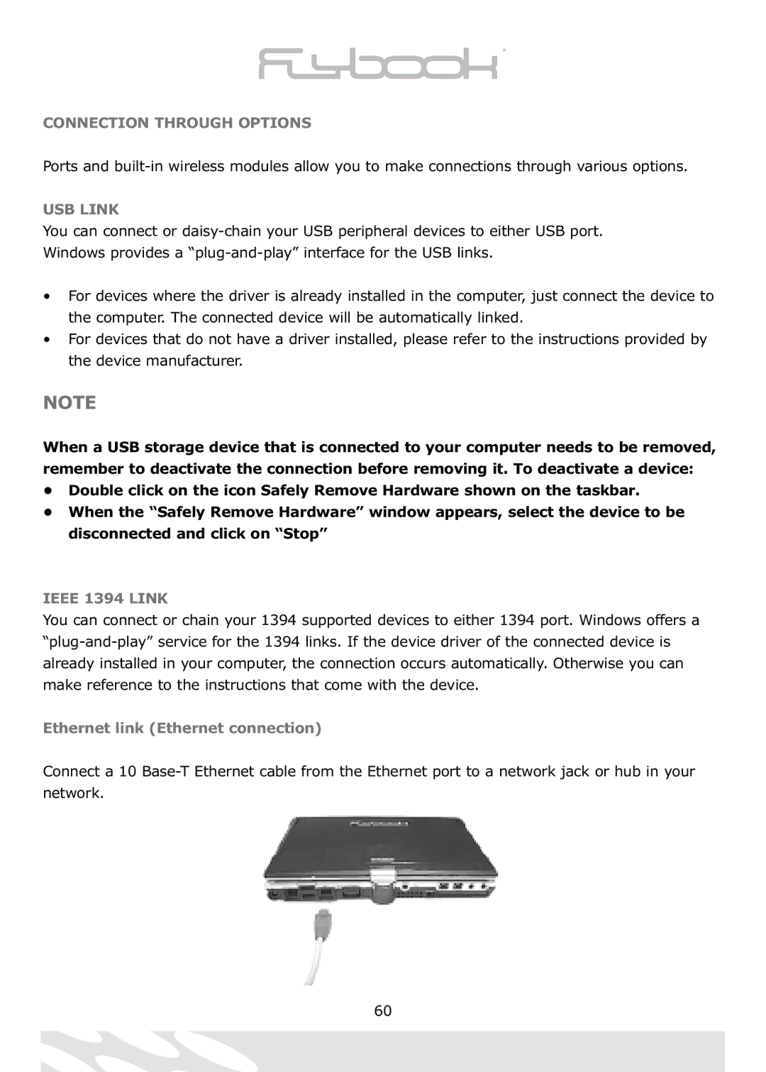 Dialogue Tech Flybook 3G Notebook PC user manual USB Link, Ieee 1394 Link, Ethernet link Ethernet connection 