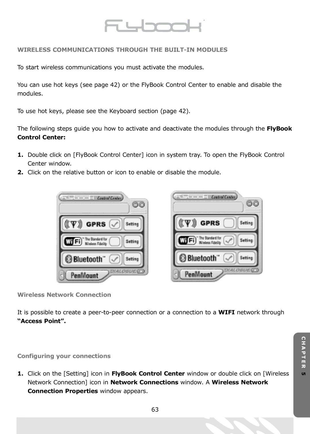 Dialogue Tech Flybook 3G Notebook PC user manual Control Center, Access Point, Configuring your connections 