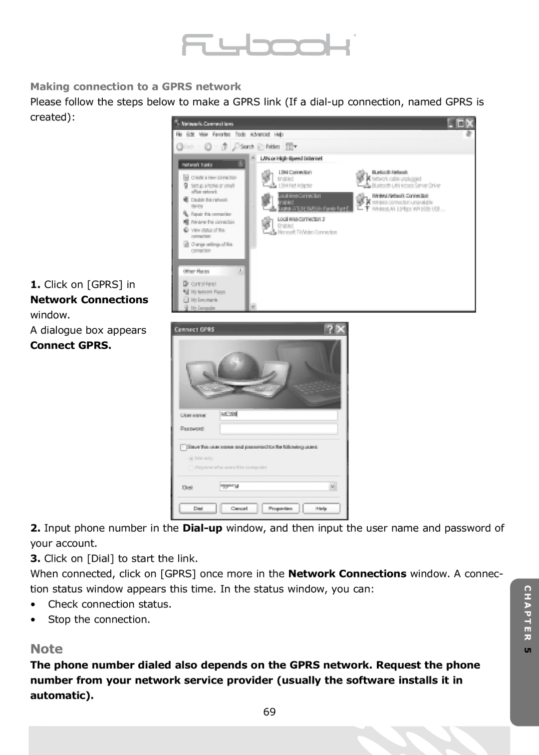 Dialogue Tech Flybook 3G Notebook PC Making connection to a Gprs network, Network Connections window, Connect Gprs 