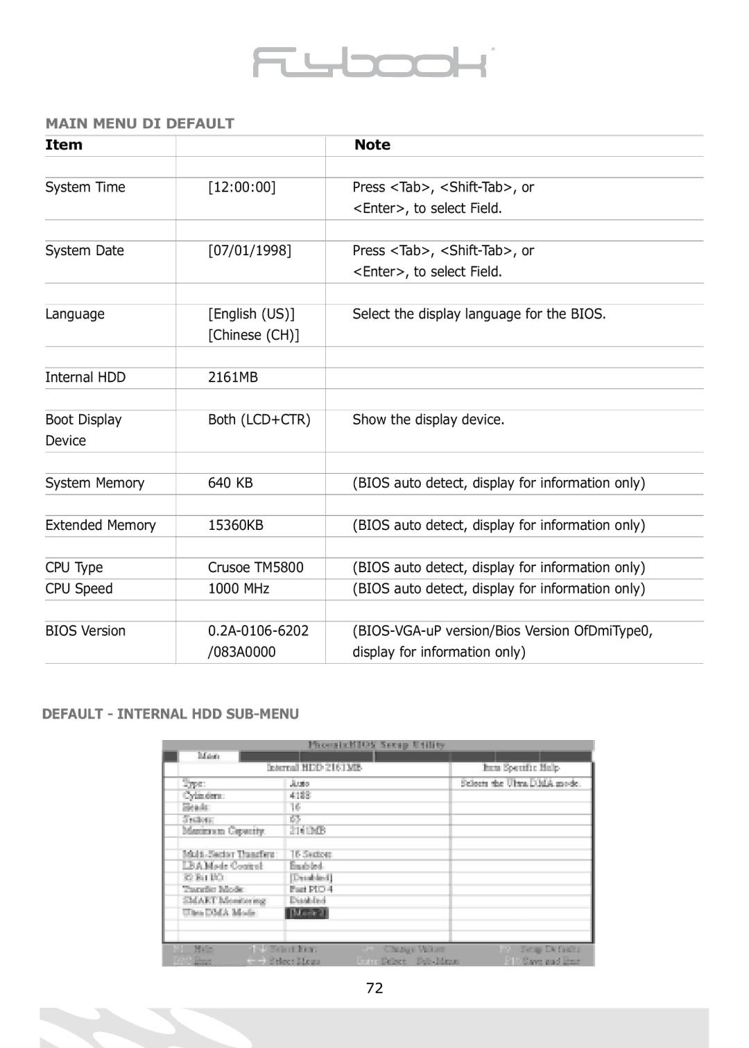 Dialogue Tech Flybook 3G Notebook PC user manual Main Menu DI Default, Default Internal HDD SUB-MENU 